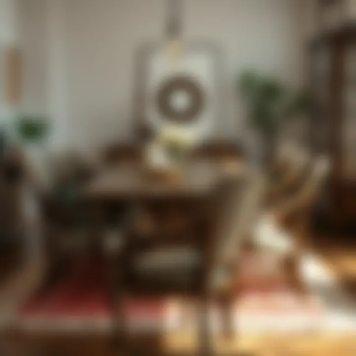 Richly crafted wooden dining table surrounded by stylish chairs