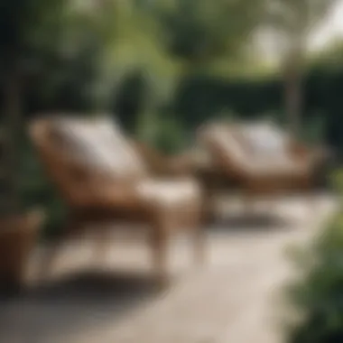 Outdoor patio featuring rattan furniture in a garden setting