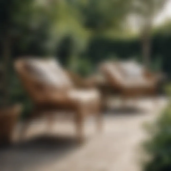 Outdoor patio featuring rattan furniture in a garden setting