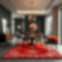 Elegant red rug enhancing a modern dining room aesthetic