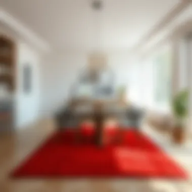Stylish red rug complementing a minimalist dining room