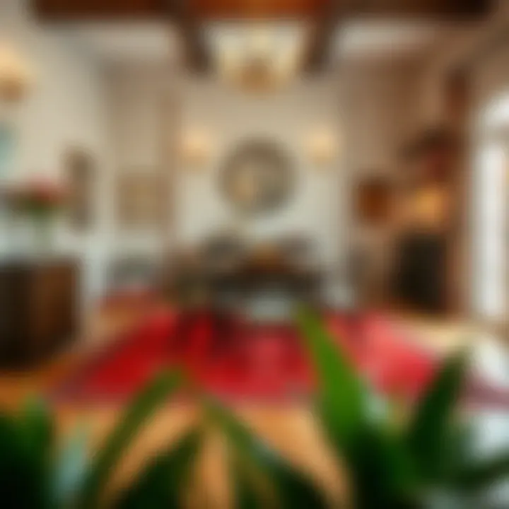 Vibrant red rug adding a pop of color to a traditional dining space