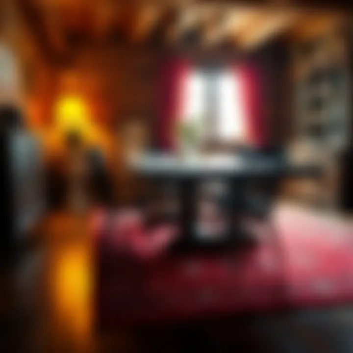 Warm ambiance created by a red rug under a rustic dining table