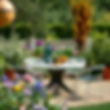 Elegant round plastic outdoor table with chairs in a serene garden setting