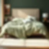 Elegant sage green bedspread draped over a beautifully styled bed