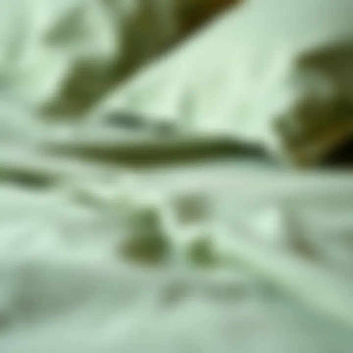 Close-up of luxurious fabric texture of sage green bedspread