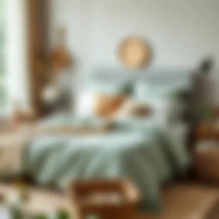 Sage green bedspread paired with natural elements for a serene atmosphere