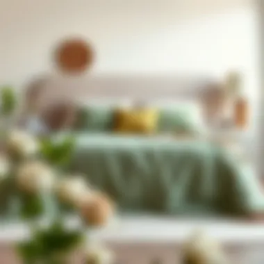 Stylishly arranged bedroom featuring sage green bedspread with complementary decor