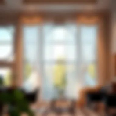 Elegant Sheer Drapes Enhancing Salon Aesthetics Elegant salon window treatment showcasing sheer drapes