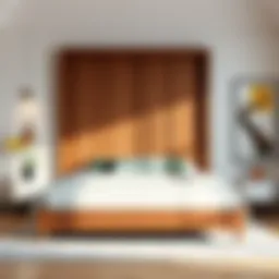 Elegant tall wood king bed frame in a modern bedroom setting