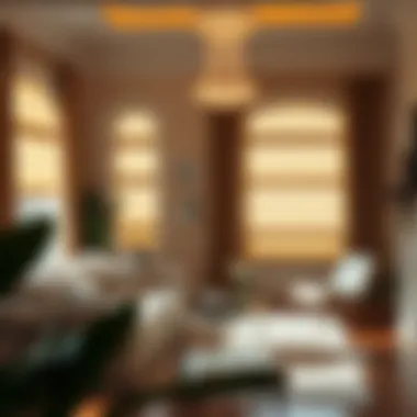 Elegant living space showcasing layered window shades