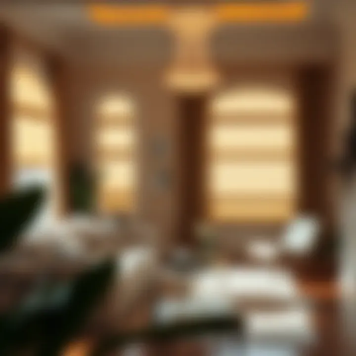 Elegant living space showcasing layered window shades