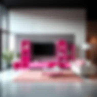Modern Living Room with Pink Cube Shelves Modern living room featuring stylish pink cube shelves