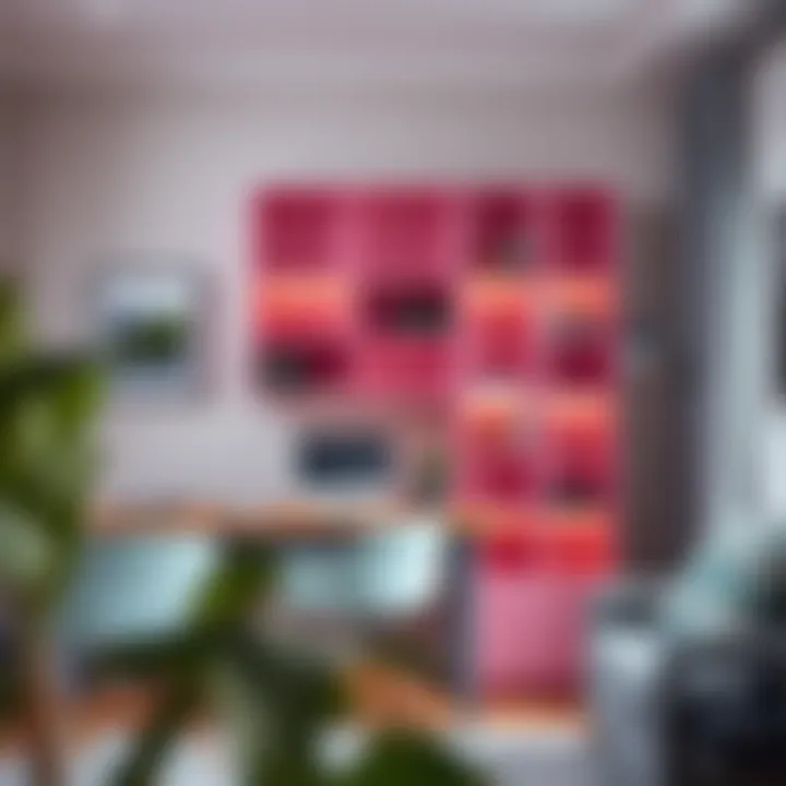 Pink cube shelf in a chic home office setting