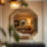 Long octagonal mirror reflecting stylish interior