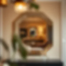 Long octagonal mirror reflecting stylish interior