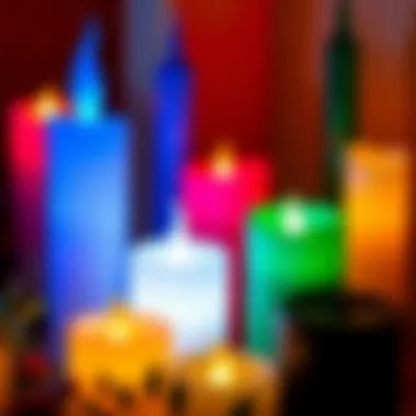 A visually striking arrangement of LED flameless candles in diverse colors and sizes.