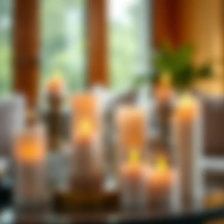 A close-up view of various designs of LED flameless candles on a decorative table.