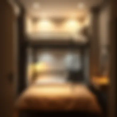 Space-saving layout of a double bed with overhead bunk in a compact room