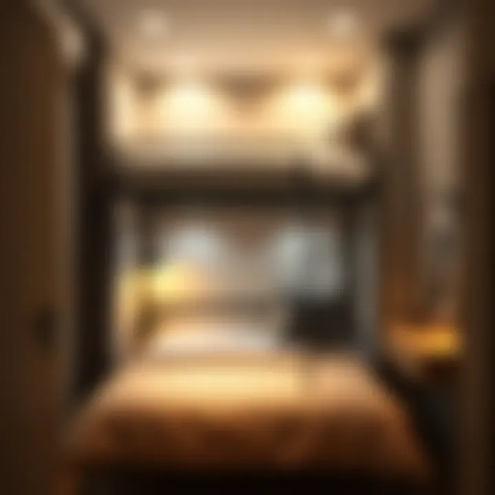 Space-saving layout of a double bed with overhead bunk in a compact room