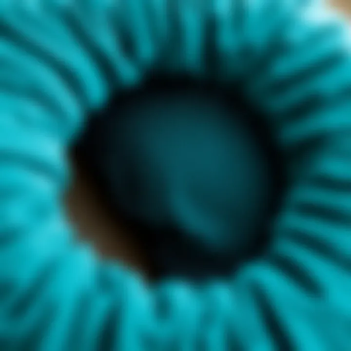 Close-up of textured teal fabric in circular pillow design