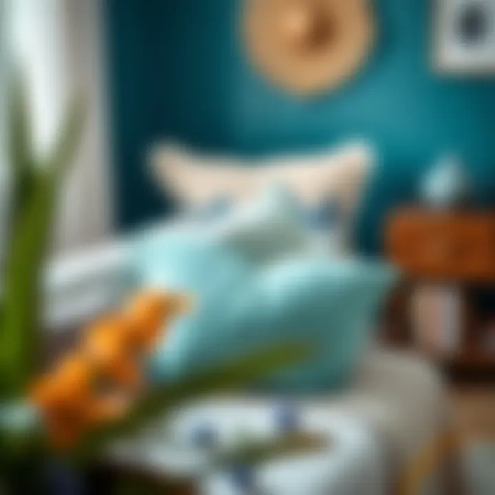 Teal round throw pillow styled with complementary decor