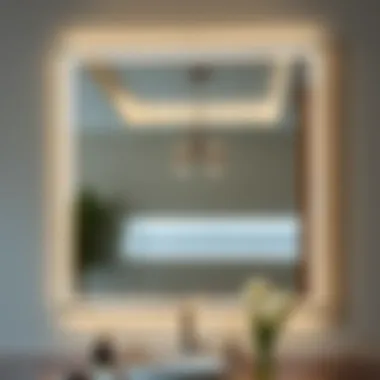 Elegant mirror with integrated lighting reflecting a modern interior space