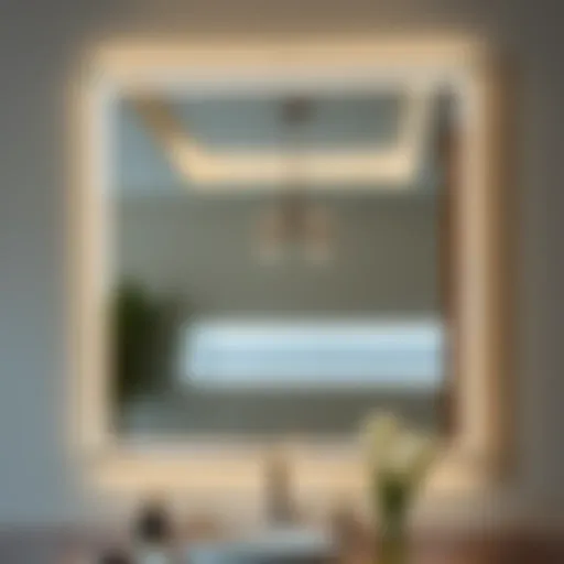 Elegant mirror with integrated lighting reflecting a modern interior space