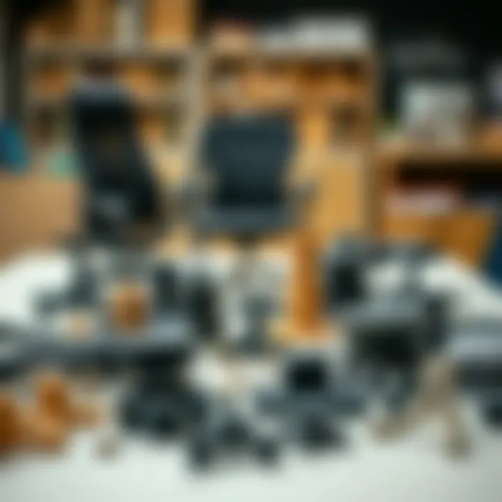 An array of office chair spare parts laid out on a desk for easy selection