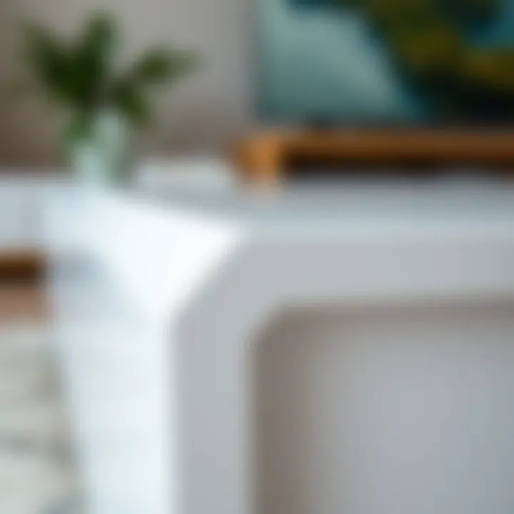 Close-up of white TV table showcasing material and texture