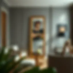 Elegant standing leaning mirror in a modern living room setting