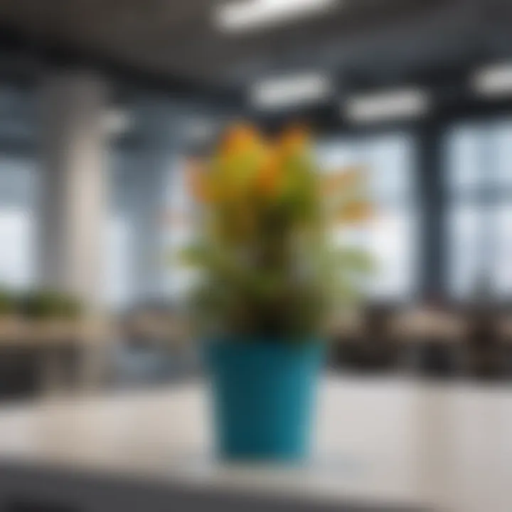 Close-up of a vibrant small plastic plant in an office setting, highlighting its low-maintenance benefits.