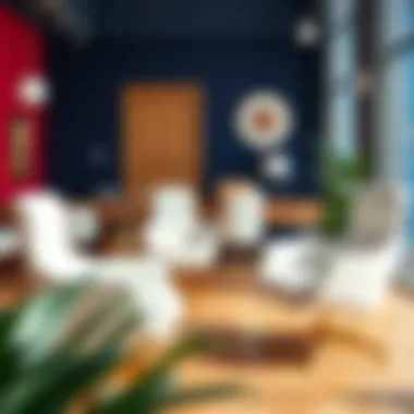 Contrast of white and gold chairs with vibrant office decor