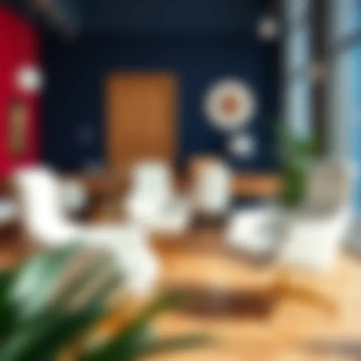 Contrast of white and gold chairs with vibrant office decor