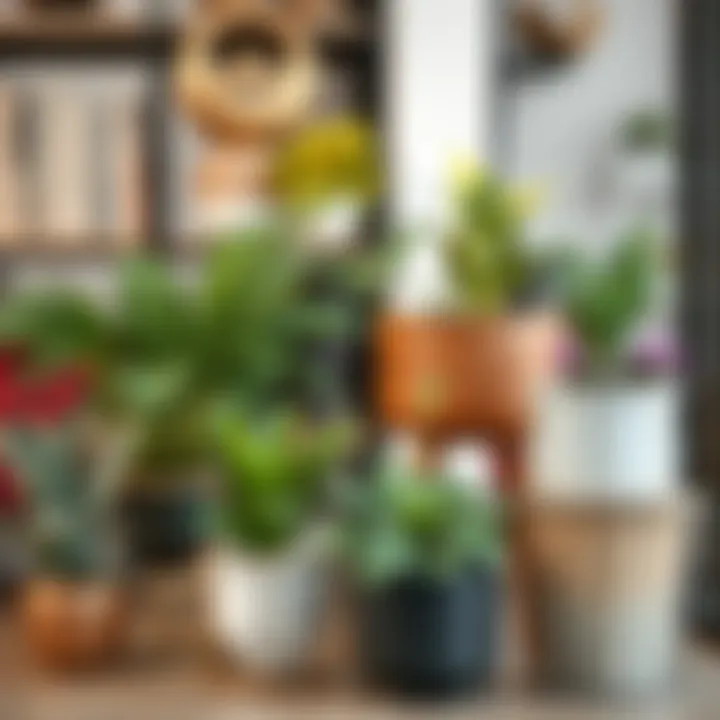 A collection of various styled metal plant baskets arranged aesthetically.