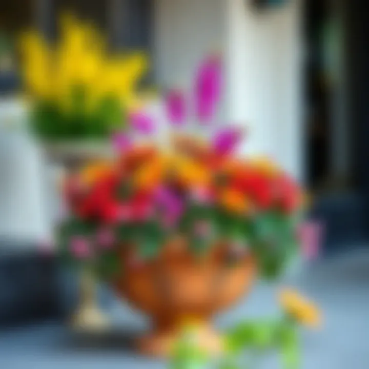 Vibrant Flowers in an Elegant Outdoor Planter Elegant large outdoor planter bowl filled with vibrant flowers