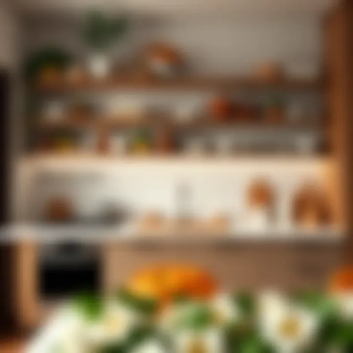 Kitchen with Floating Shelves Beautifully designed kitchen showcasing floating shelves filled with kitchenware and plants