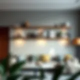 A modern living room showcasing elegant floating shelf racks adorned with decorative items