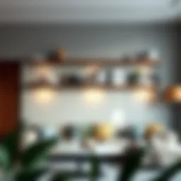 A modern living room showcasing elegant floating shelf racks adorned with decorative items