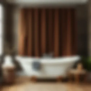 Dark brown fabric shower curtain in a cozy bathtub setting