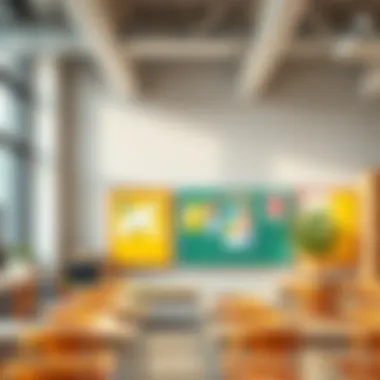 A modern classroom featuring colorful hanging bulletin boards.