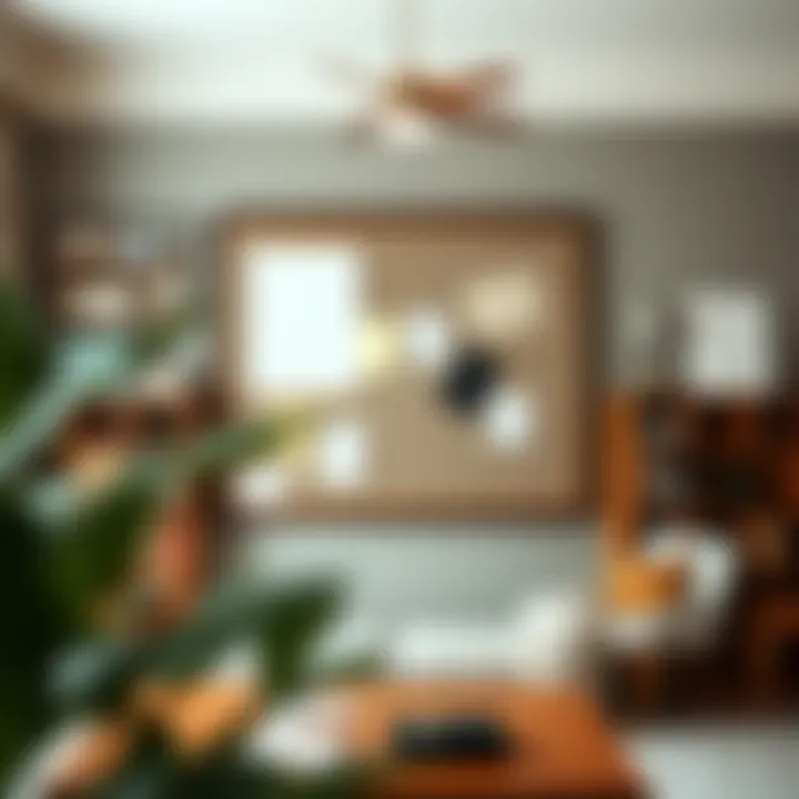 An organized home office with an elegant hanging bulletin board.