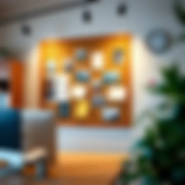 Creative display ideas on a hanging bulletin board in a workspace.