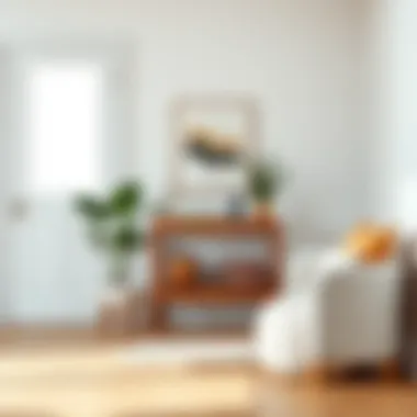 Aesthetic arrangement of small wood entryway table with accessories