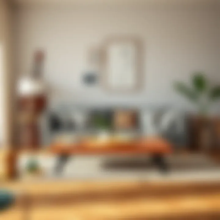 Stylish big wooden coffee table paired with eclectic decor elements