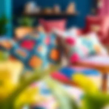 Colorful geometric patterns on chair cushions in a vibrant setting