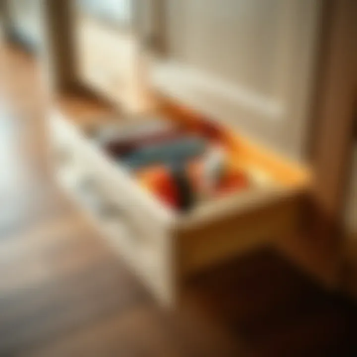 Close-up of a toe kick drawer with organized items