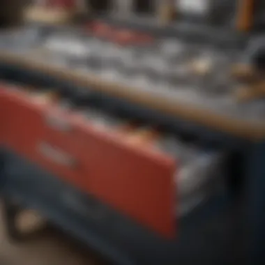 Close-up view of materials used in tool box dresser construction.