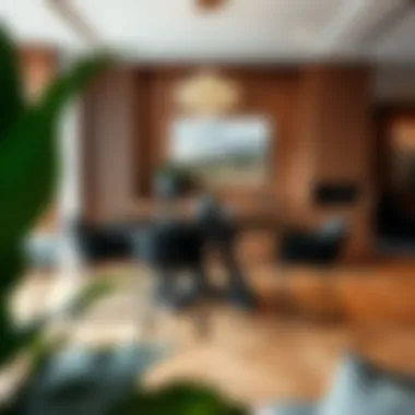 A contemporary dining area showcasing a unique bar height table with artistic design