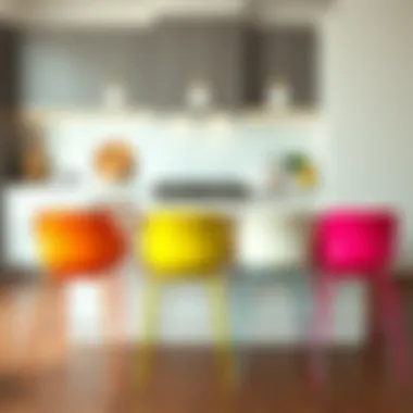 Modern bar height chairs in vibrant colors set against a sleek kitchen backdrop